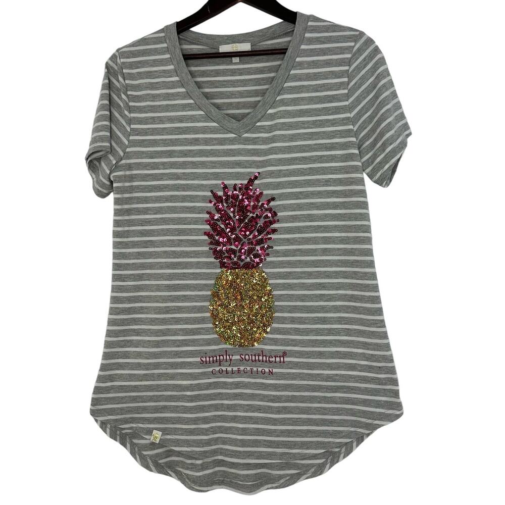 Simply Southern Sequin Pineapple T Shirt Womens L Gray Stripe Tunic Flaw